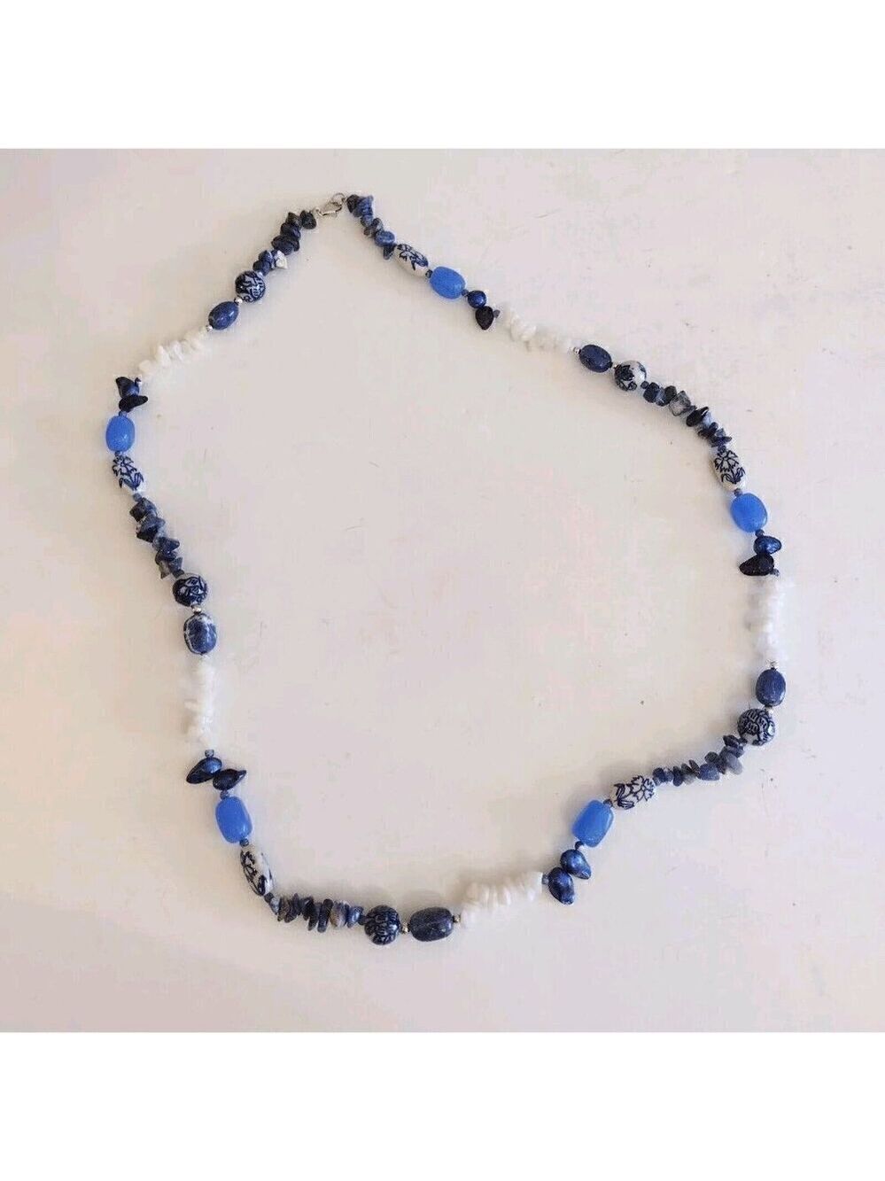 Chinese Blue White Bead Sodalite Chip Dyed Freshwater Pearl Necklace Sterling